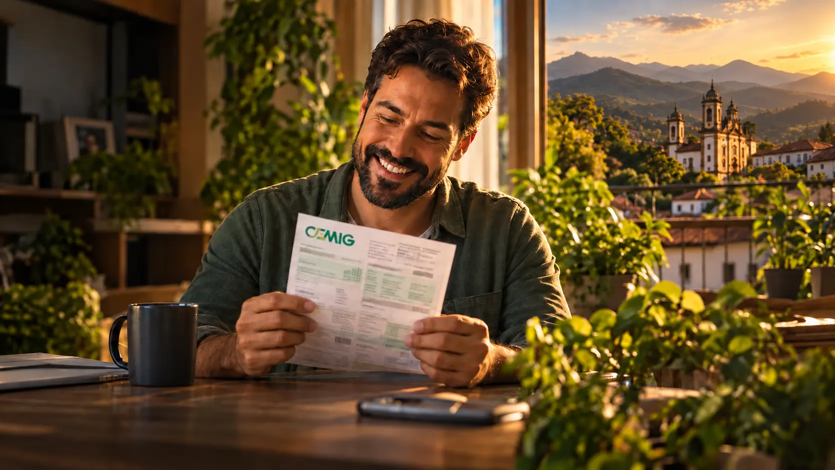 Homem conferindo sua conta da CEMIG em uma casa com paisagem de Minas Gerais