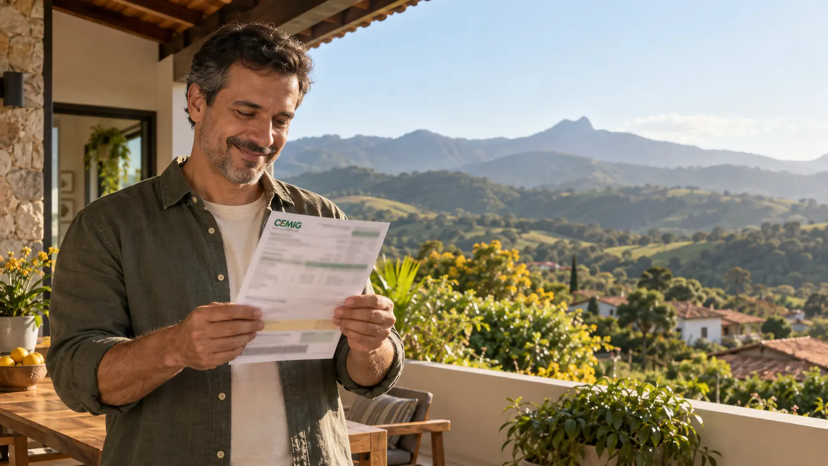 Cliente mineiro conferindo sua conta de energia diante das montanhas de Minas Gerais